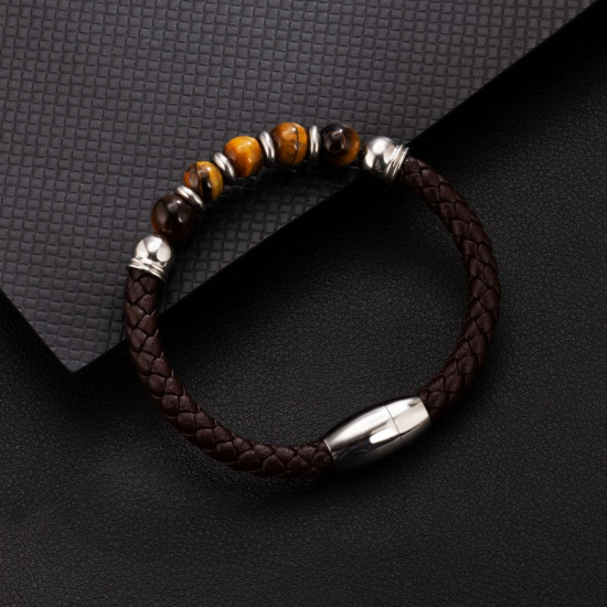 Fashion Brown Leather Bracelet with Natural Tiger Eye Beaded