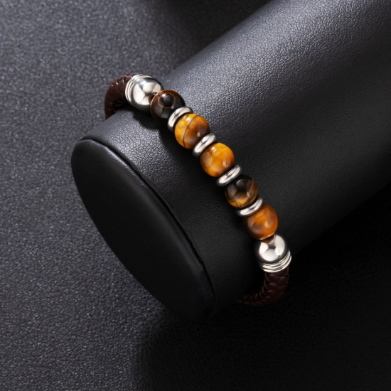 Fashion Brown Leather Bracelet with Natural Tiger Eye Beaded