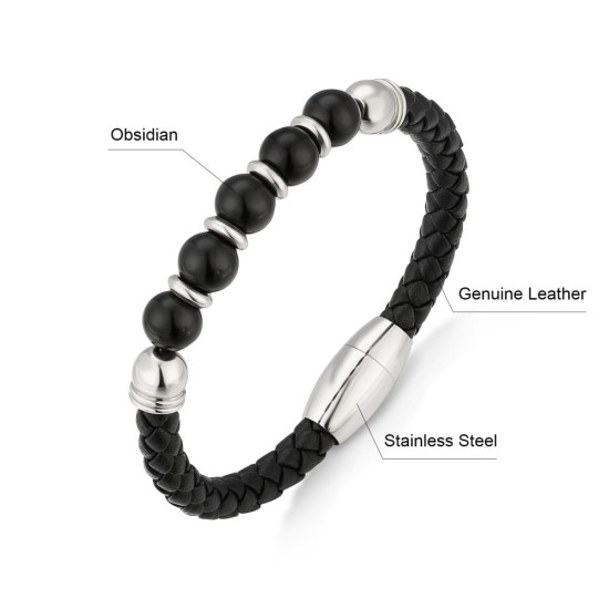 New Arrival Black Leather Bracelet with Natural Obsidian Stone Bead