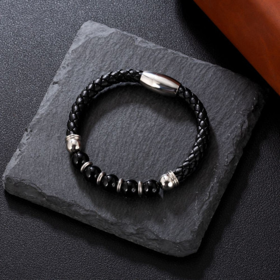 New Arrival Black Leather Bracelet with Natural Obsidian Stone Bead