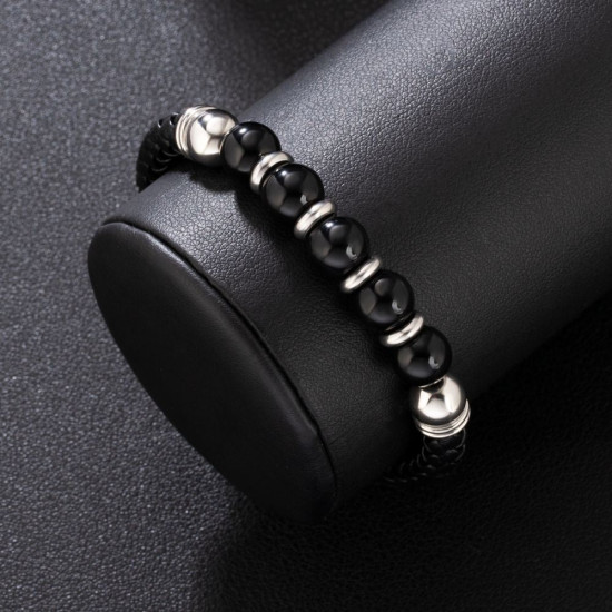 New Arrival Black Leather Bracelet with Natural Obsidian Stone Bead