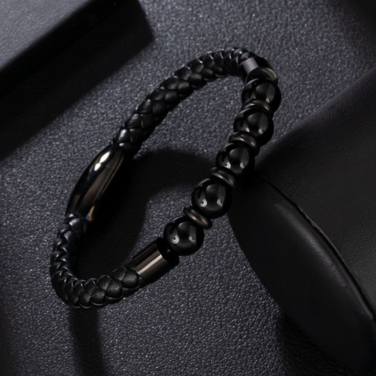 Fashion Black Gold Leather Bracelet with Natural Obsidian Stone Bead