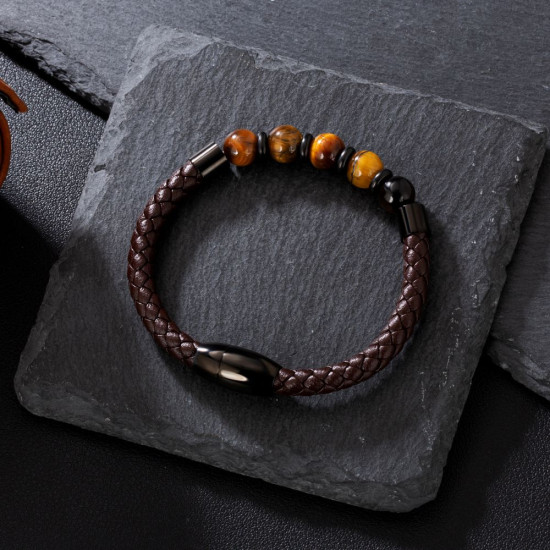 Fashion Black Gold Leather Bracelet with Natural Tiger Eye Beaded