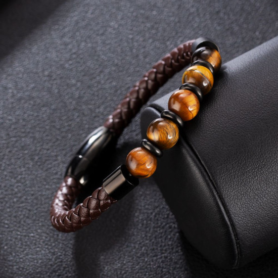 Fashion Black Gold Leather Bracelet with Natural Tiger Eye Beaded