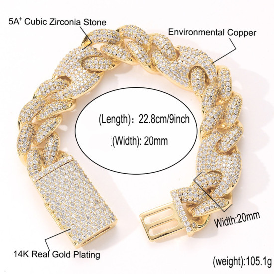 Fashion 20mm Diamond PIg Nose Cuban Link Bracelet for Men