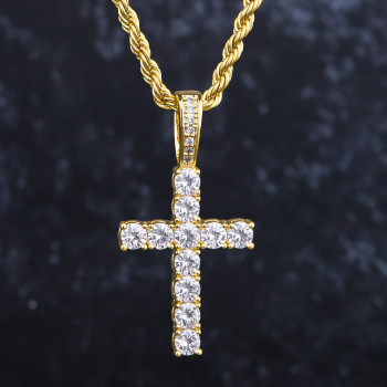 Newest Iced Out Mens Cross Pendant Necklace in 14K Gold