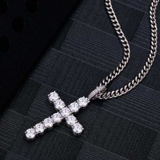 Fashion Iced Out Mens Cross Pendant Necklace in White Gold