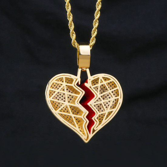 Iced Out CZ Diamond Broken Heart Mens Pendant Necklace in 14K Gold