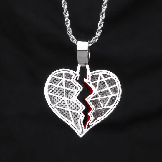 Iced Out Diamond Broken Heart Pendant Necklace For Men in White Gold