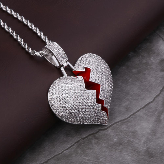 Iced Out Diamond Broken Heart Pendant Necklace For Men in White Gold