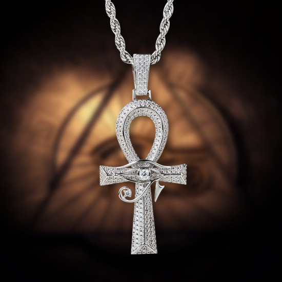 Iced Out The Eye Of Horus Ankh Cross Pendant in White Gold for Men