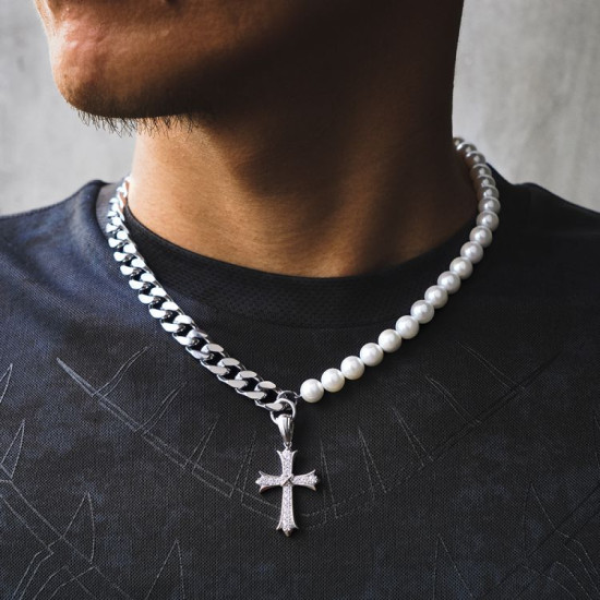 Pearl 10mm  Cuban Link Chain and Diamond Cross Pendant