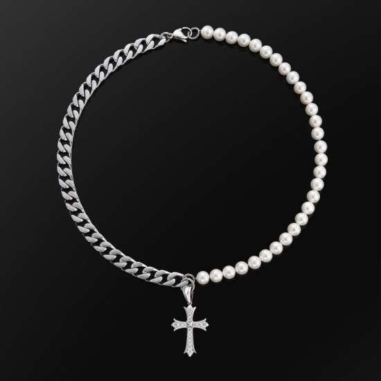 Pearl 10mm  Cuban Link Chain and Diamond Cross Pendant