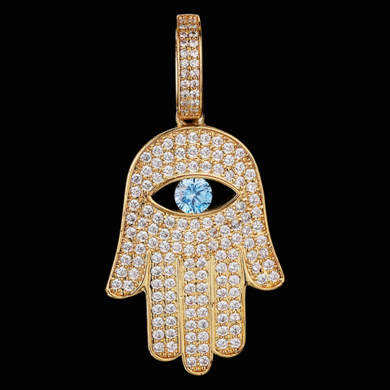 Iced Out Hamsa Hand Mens Rope Chains Pendant in 14K Gold