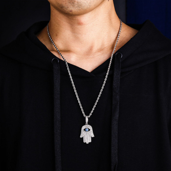 Iced Out Hamsa Hand Rope Pendant Necklace in White Gold