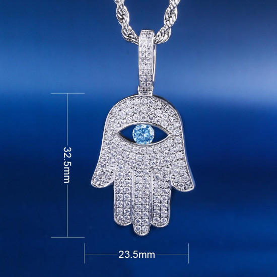 Iced Out Hamsa Hand Rope Pendant Necklace in White Gold