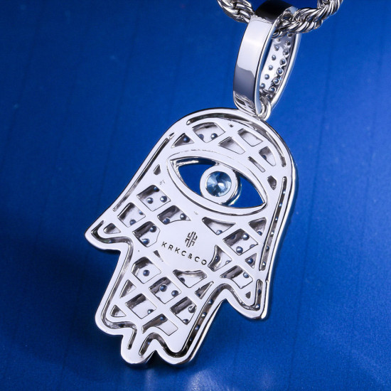 Iced Out Hamsa Hand Rope Pendant Necklace in White Gold