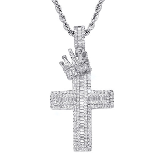 Iced Out Crown Cross Pendant with 3mm Rope Chain for Men