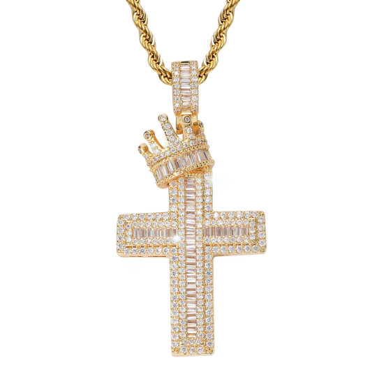 Iced Out Crown Cross Pendant with 3mm Rope Chain for Men