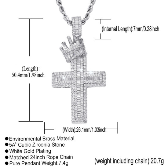 Iced Out Crown Cross Pendant with 3mm Rope Chain for Men