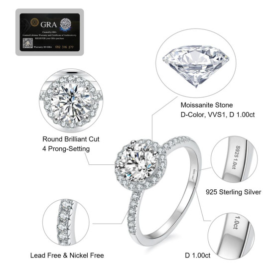 Iced Round 1.0 Carats VVS1 Moissanite Rings for Women