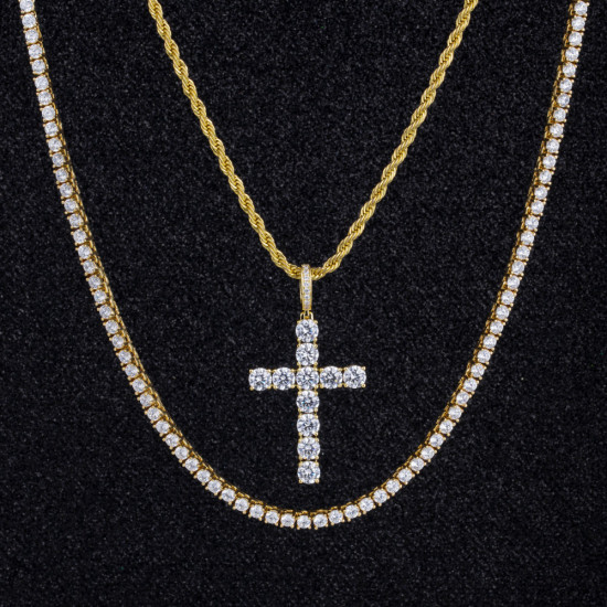 Jewelry Set Iced Out Mens Cross Pendant With Tennis Chain and Rope Chain