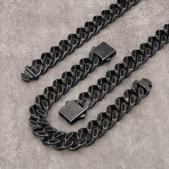 14mm Stainless Steel Miami Curb Link Chain and Bracelet Set for Men