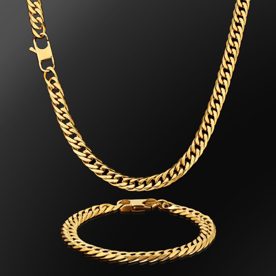 6-Sided | 8mm Stainless Steel Miami Cuban Link Chain and Bracelet Set for Men