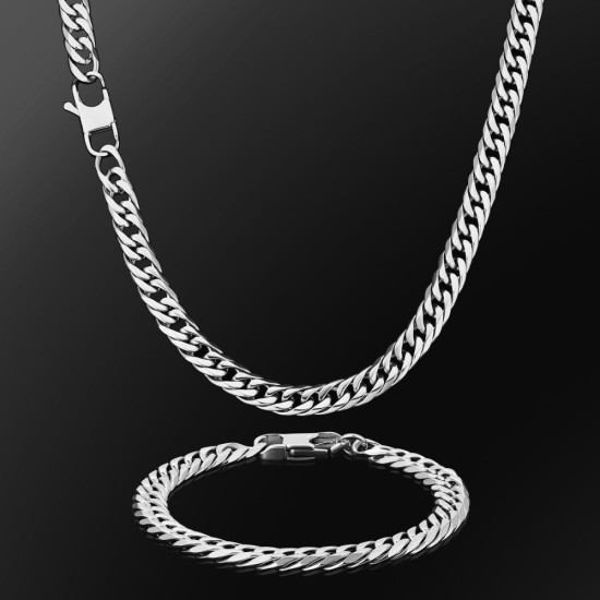 6-Sided | 8mm Stainless Steel White Gold Miami Cuban Link Chain and Bracelet Set