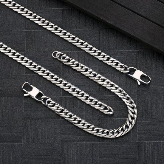 6-Sided | 8mm Stainless Steel White Gold Miami Cuban Link Chain and Bracelet Set