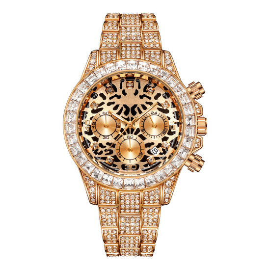 Modern Baguette Cut Leopard Print Round Diamond Dial Watch