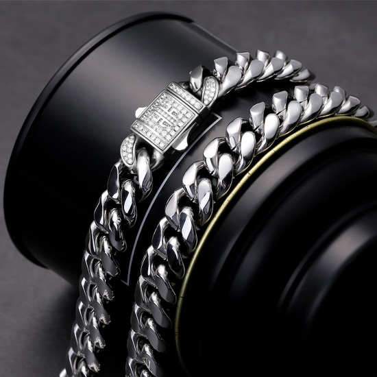 12mm Miami Stainless Steel Cuban Link Chain with Diamond Clasp 