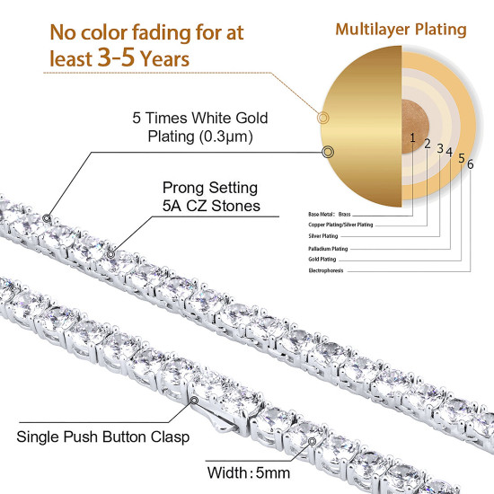 5mm White Gold CZ Diamond Tennis Chain Necklace for Men