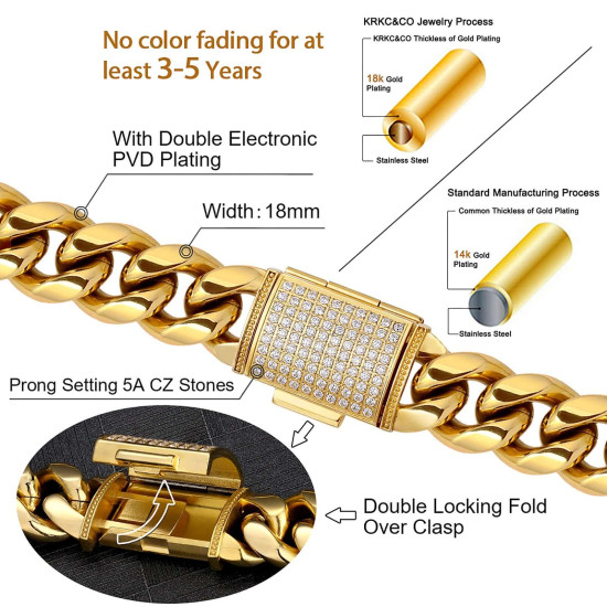 18mm Iced Box Clasp Stainless Steel Cuban Link Chain in 18K Gold