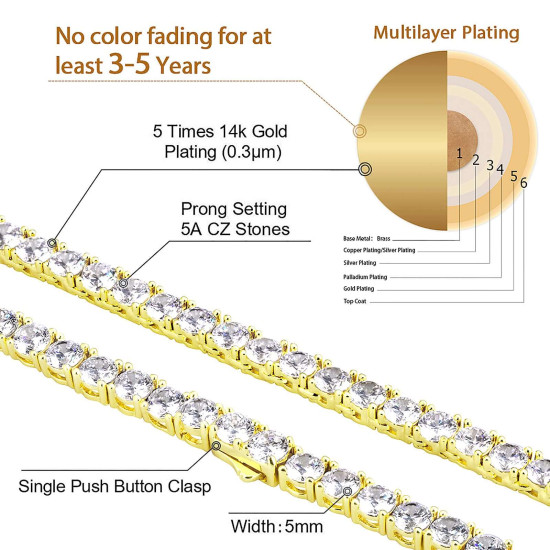 Cool 5mm 14K Gold CZ Diamond Mens Tennis Chains