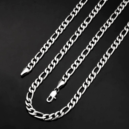 7mm Stainless Steel Mens Hip Hop Figaro Chain in White Gold