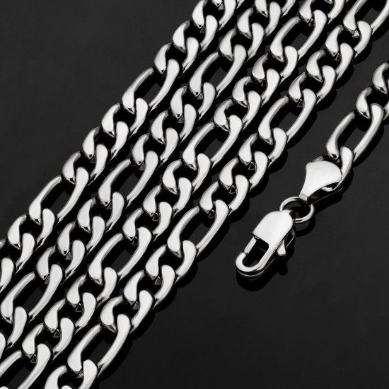 7mm Stainless Steel Mens Hip Hop Figaro Chain in White Gold