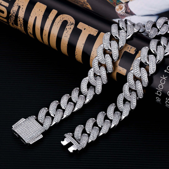 18mm Iced Out Diamond Cuban Link Chains for Men in White Gold