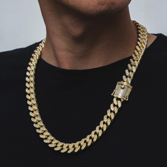 14mm Iced Out Diamond Cuban Link Chain in 14K Gold 