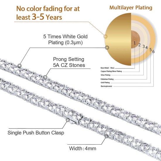 Bling 4mm White Gold Sterling Silver CZ Diamond Mens Tennis Chains