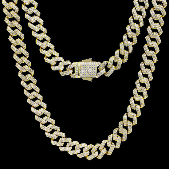 12mm Iced Prong Link Choker Cuban Chain in 14K Gold for Men