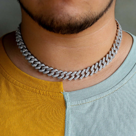 12mm Iced Hip Hop Prong Link Choker Cuban Chain in White Gold