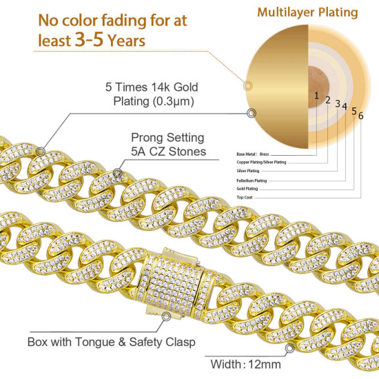 Sparkly Box Clasp Cuban Link Chain (12mm) for Men's Necklace