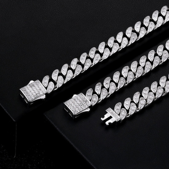 8mm Iced Out Sterling Silver Mens Diamond Cuban Link Chain in White Gold