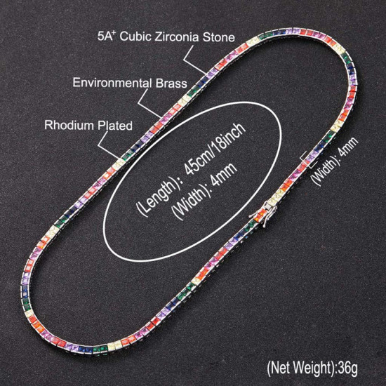 Hip Hop Square 4mm Colorful CZ Diamond Mens Tennis Chain