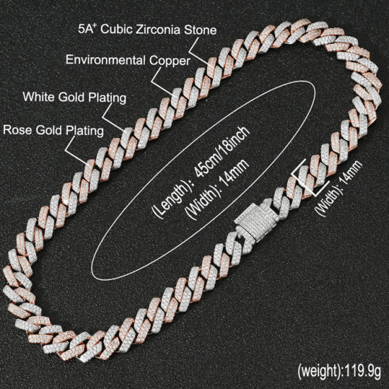 Fashion Rose Gold 14mm CZ Diamond Mens Cuban Chain