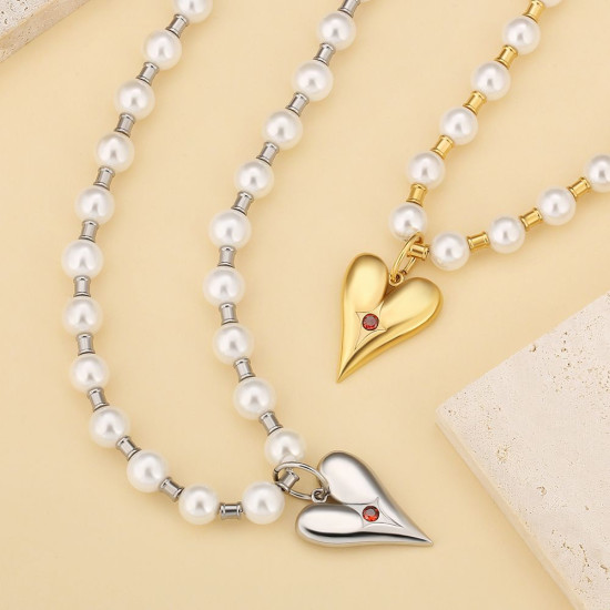 Chic 8mm Pearl Womens Necklace with Heart Pendant