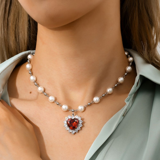 Chic Diamond Red Heart Pendant Pearl Necklace 