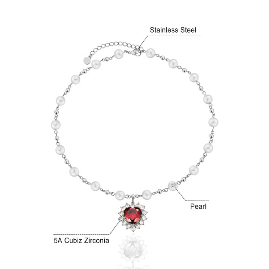 Chic Diamond Red Heart Pendant Pearl Necklace 