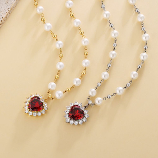 Chic Diamond Red Heart Pendant Pearl Necklace 